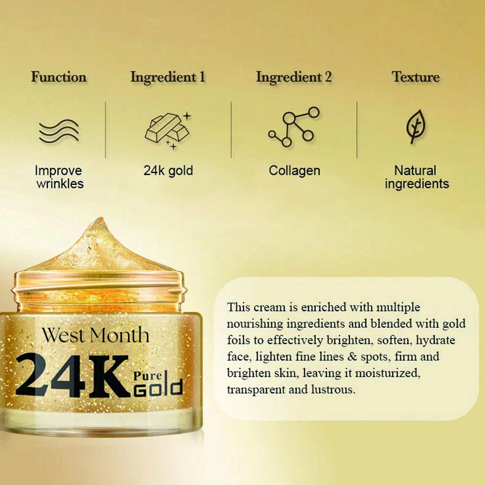 West Month 24k Pure Gold Collagen Face Cream, Lighten Lines Brighten Skin, Firm And Anti-wrinkle Cream hussains